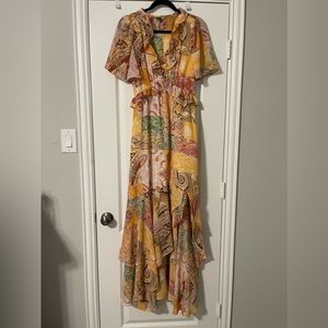 Patchwork Print Butterfly Sleeve Ruffle Trim Asymmetrical Hem Dress